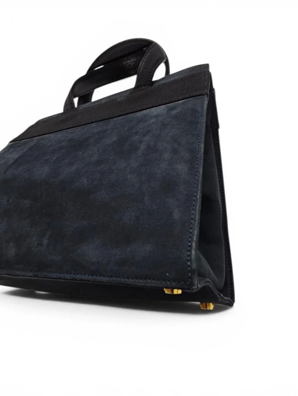 Salvatore Ferragamo Black Vara Bow Handbag In Navy Blue Suede And Gold